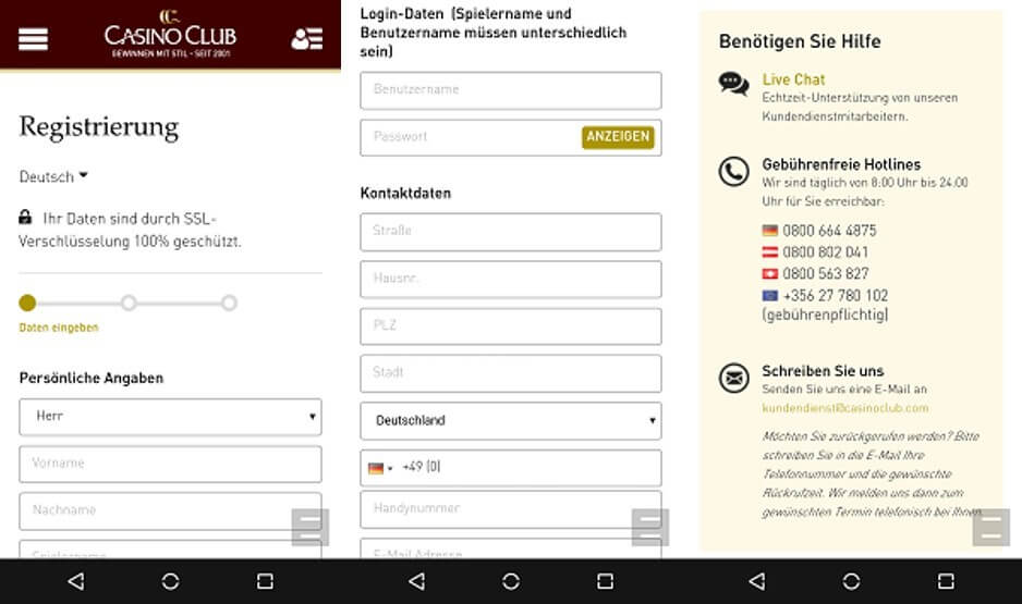 Das mobile Anmeldeformular von Casinoclub ist sehr einfach und übersichtlich gestaltet - Hier für Android.